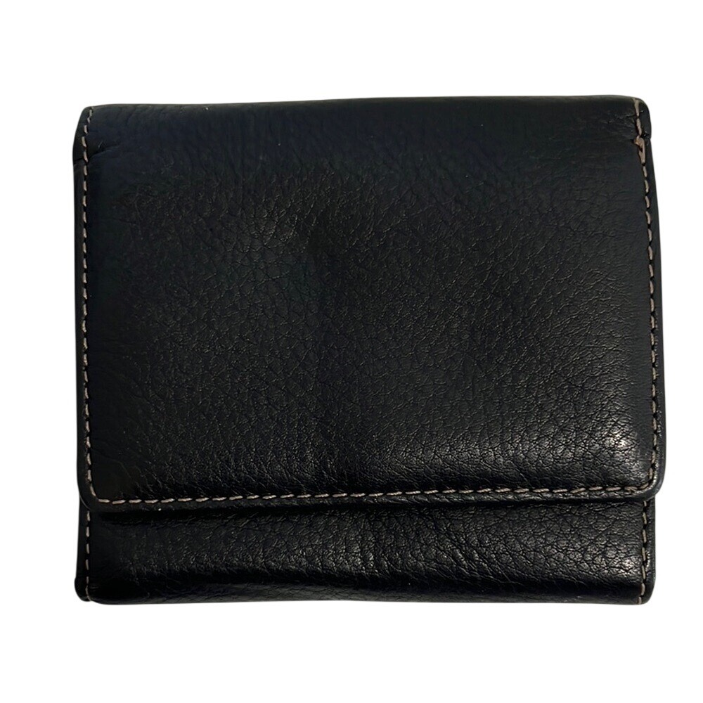 Mundi Black Pebbled Leather‎ Trifold Snap Closure Wallet Zipper Coin Pocket